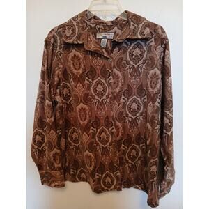Caribbean Joe 1X Brown Paisley Print Button Up Shirt Moleskin Blouse Top Autumn